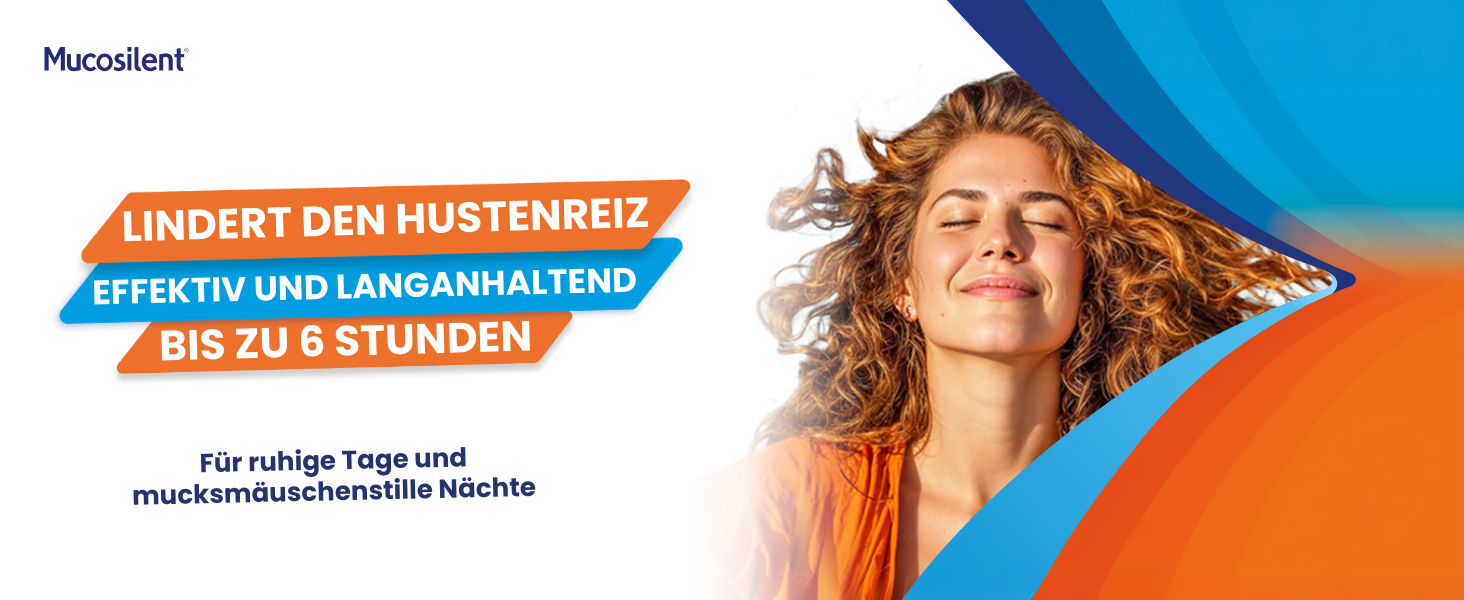 Frau mit geschlossenen Augen. Text: Lindert den Hustenreiz effektiv und langanhaltend.